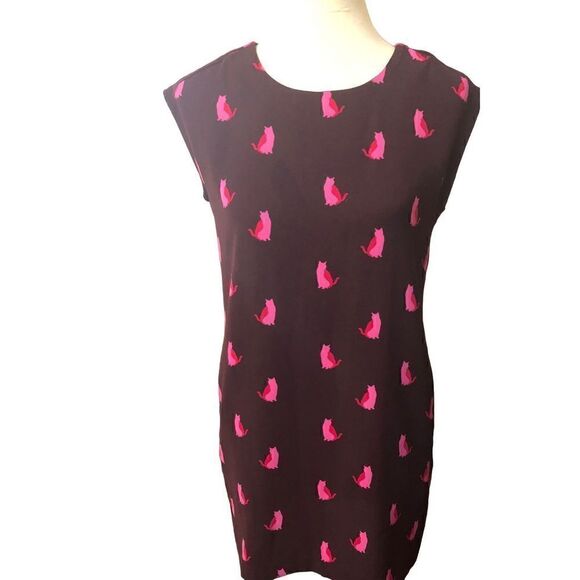 Ann Taylor dark grape colored sheath dress with cat print in Barbie pink XSP - Picture 1 of 14